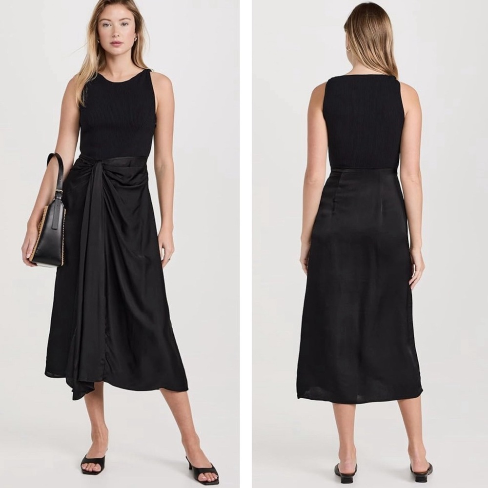 Tanya Taylor Reid Satin Mixed-Media Ribbed Bodice Ruched Satin Skirt Midi Dress
